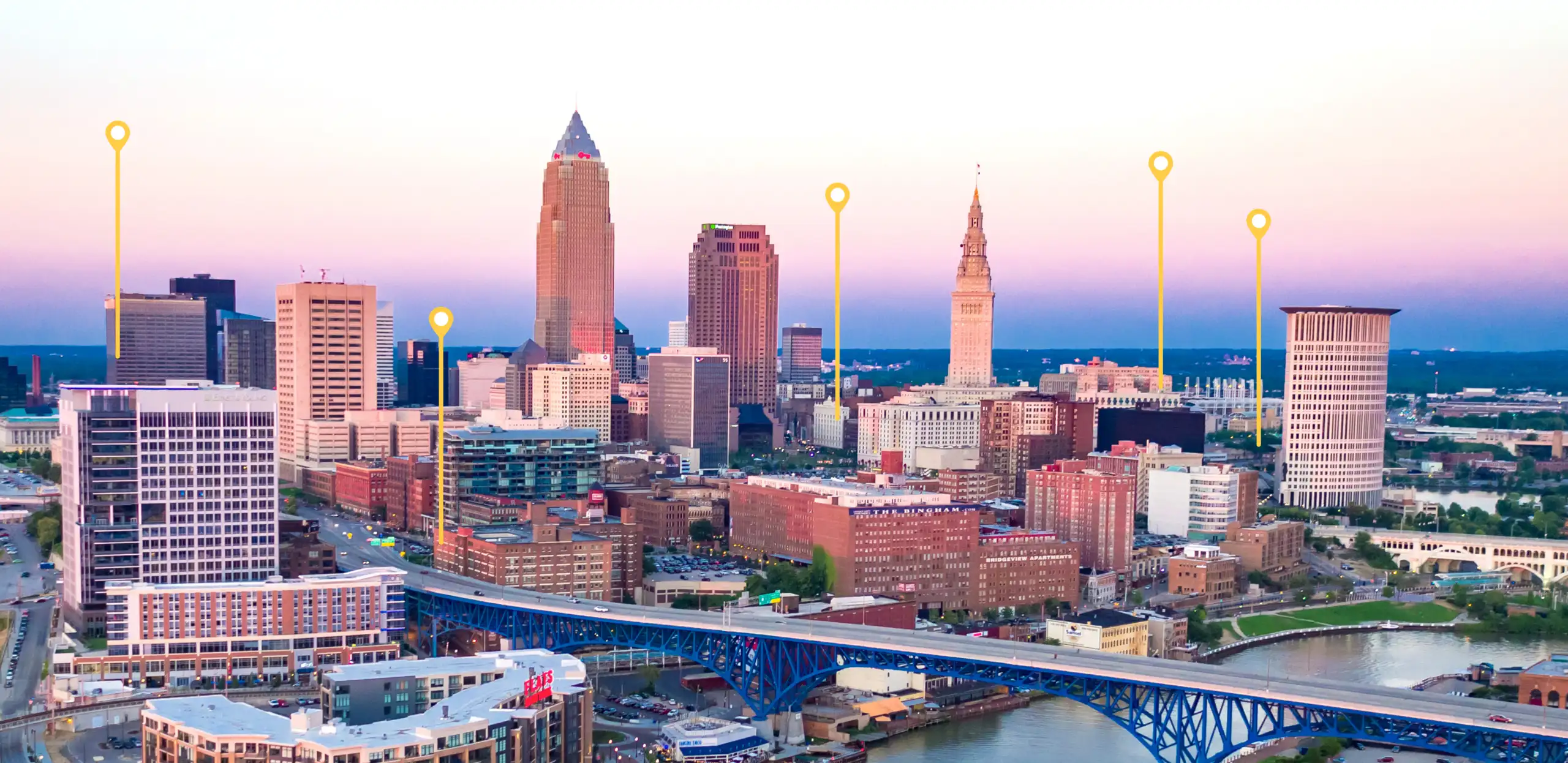 Cleveland skyline with markers indicating job placements